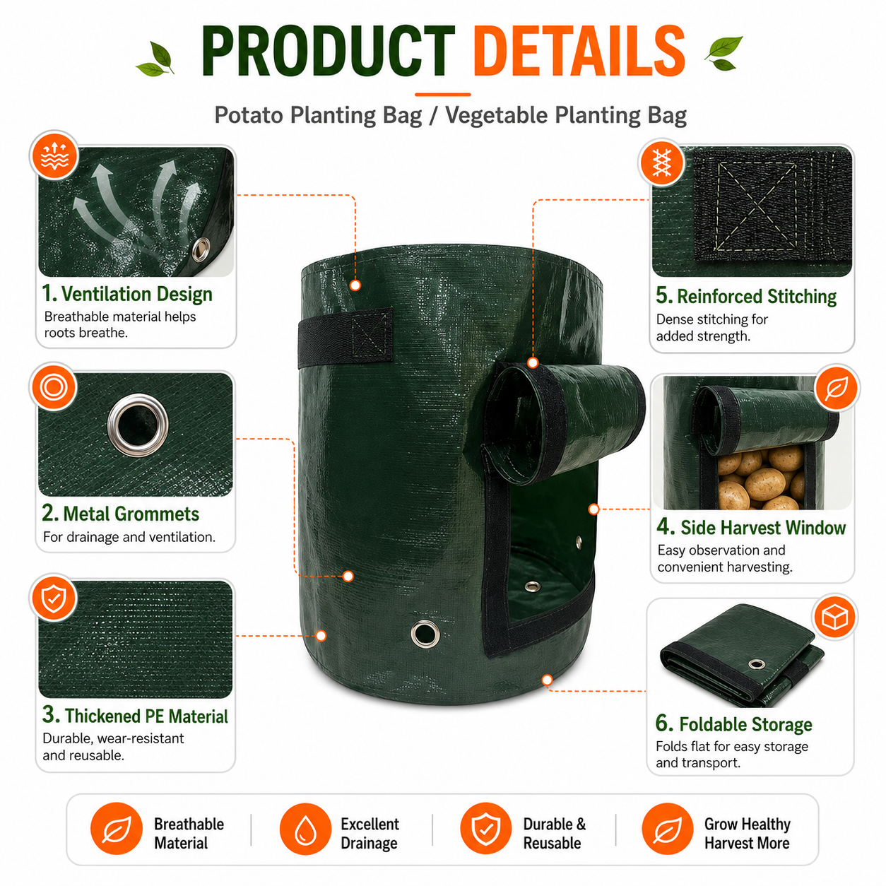 Potato Grow Bags 2 Pack 35x50cm Vegetable Planting Bags PE Garden Planter Bags for Potatoes Tomatoes Fruits and Vegetables โ image 3