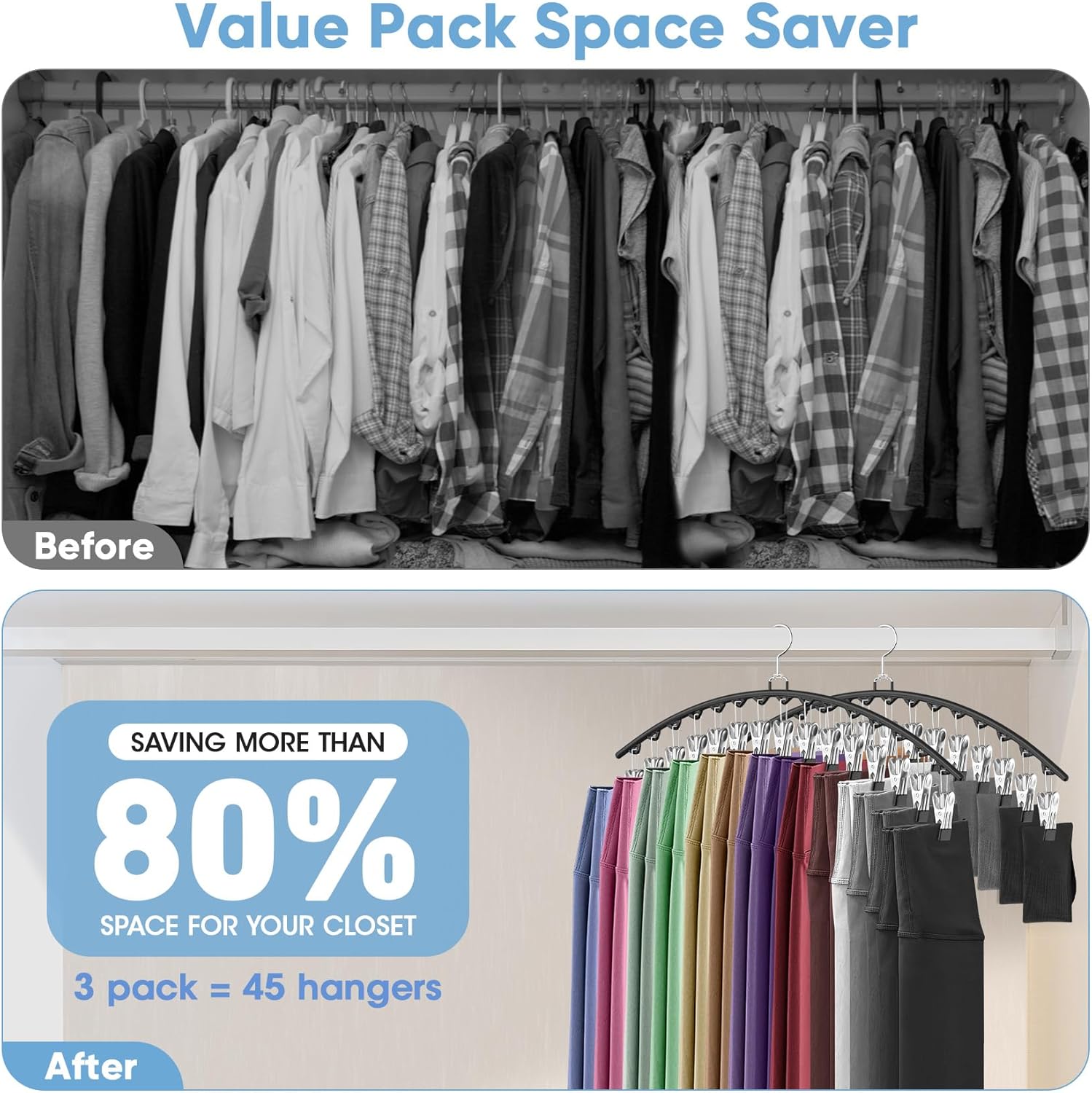 3 Pack Legging Organizer for Closet Hanging, Pants Hangers with Clips Holds 45 Leggings, Shorts, Skirts, Jeans, Hats, Pants Hangers Space Saving Clothes Racks — image 2