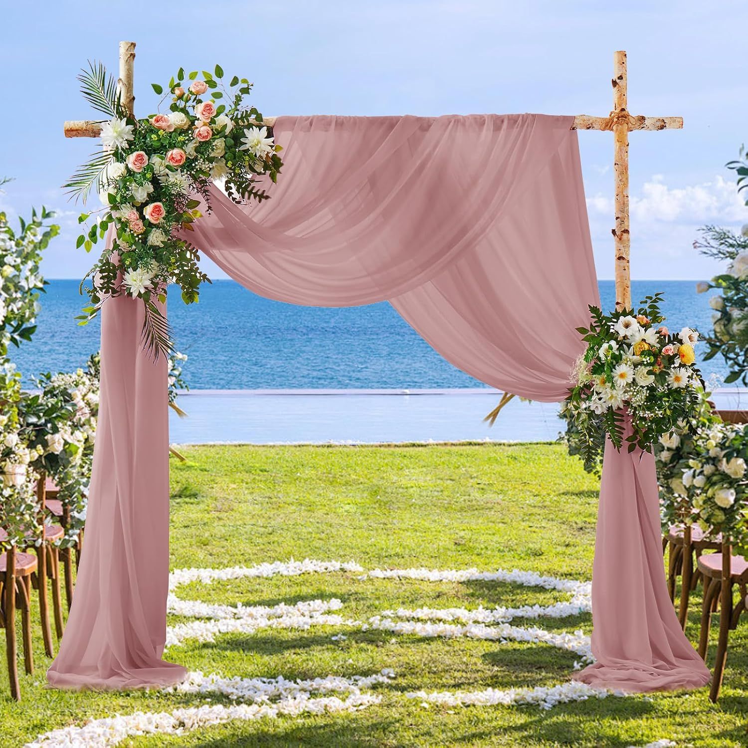 2 Pack Elegant Chiffon Wedding Arch Draping Fabric Panels for Outdoor Ceremony Backdrop and Party Decoration (Dusty Rose) — image 5