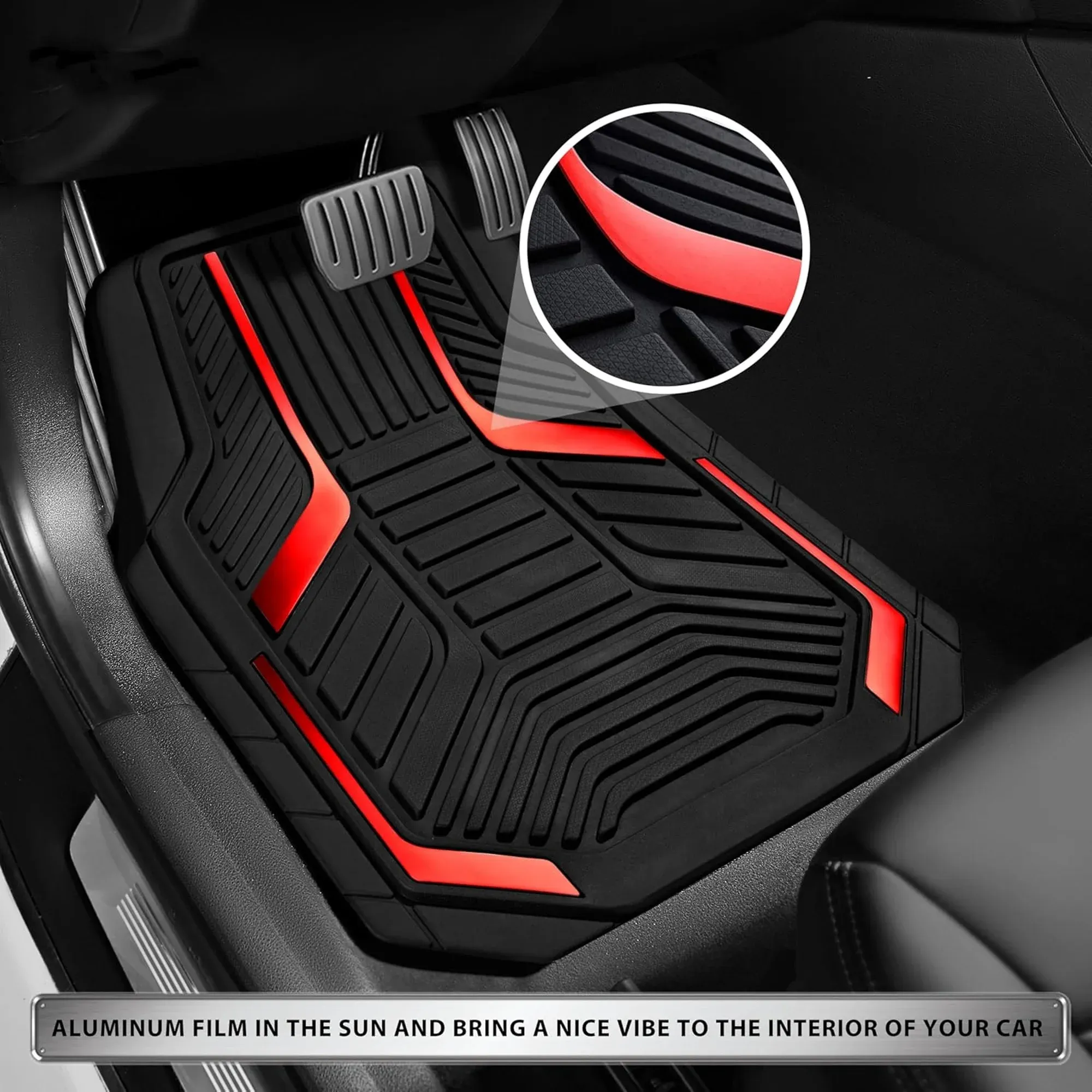 Heavy-Duty Rubber Floor Mats, Aluminum Film Car Mats Set, Front and Rear Car Mats with Anti-Slip Backing, All-Weather Protection, Red โ image 3