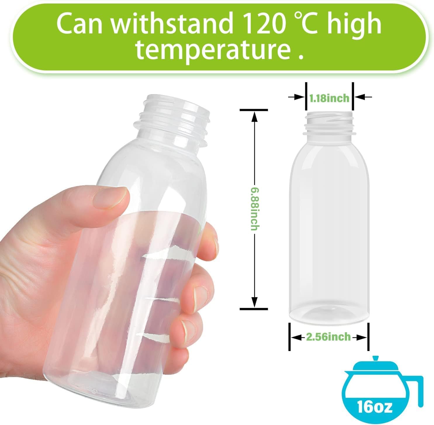 EONJOE Dishwasher Safe 16oz Plastic Bottles with Caps Reusable BPA Free PP5 Juice Milk Water Smoothie Bottle Heat-Resistant Refillable — image 3