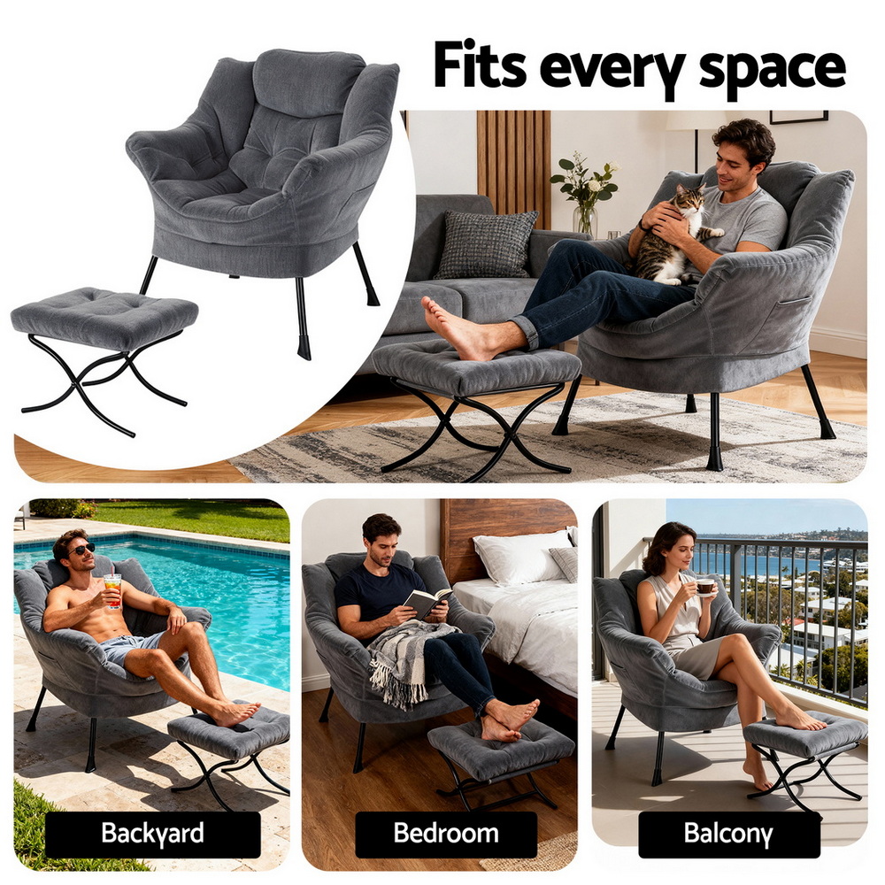 Artiss Armchair Accent Chair Ottoman Lounge Footrest Velvet Grey โ image 6