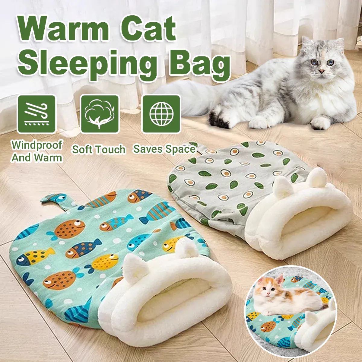 Semi Enclosed Warm Cat Sleeping Bag Comfortable Soft Fleece Pet Bed Easy Clean - Fish — image 2