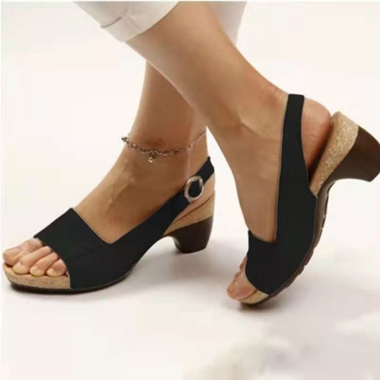 Women Chunky Heel Sandals Buckle Strap PU Rubber Grey 42 โ image 2