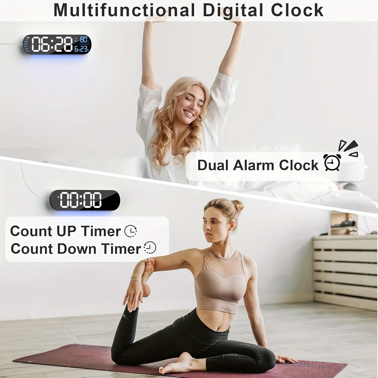 13.7" Large LED Digital Wall Clock - Auto Dimming, Temperature Display, Ideal for Bedroom & Office(5502BLUE) — image 2