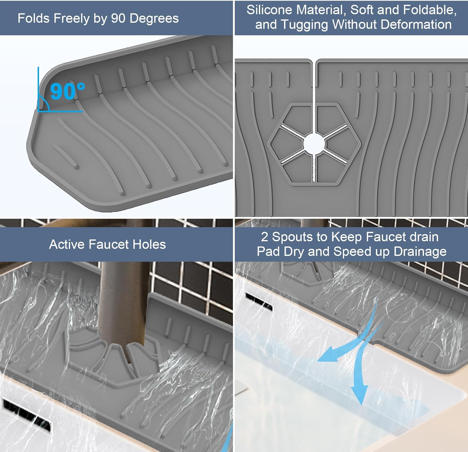 Sink Drain Mat Behind Faucet,Faucet Guard Draining Mat, 90° Foldable Tap Draining Mat for Kitchen Sink with 2 Water Ports, Faucet Drain Mats for Kitchen — image 5