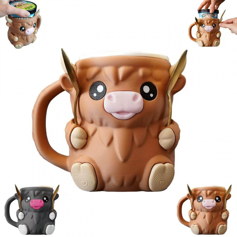 Modern Highland Cow Ice Pint Holder – Fun Animal Mug with Secret Snack Drawer, Lid Holders, and Wide Opening(Black) — image 2