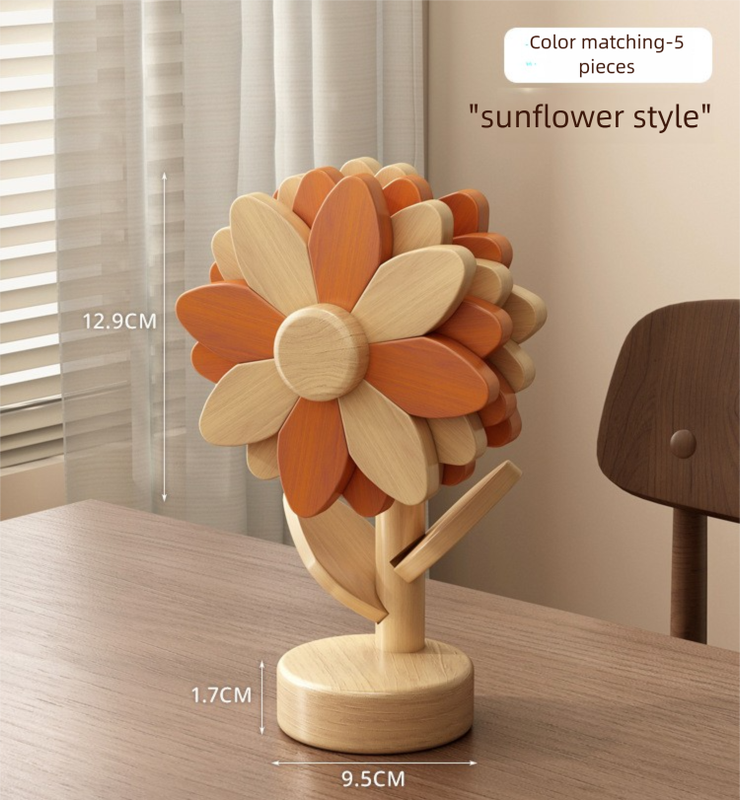 5-Piece Floral-Shaped Trivet Set with Stand โ Wooden Heat Resistant Pad for Table, Dish, Pot or Cup(Warm orange and beech wood two-tone)