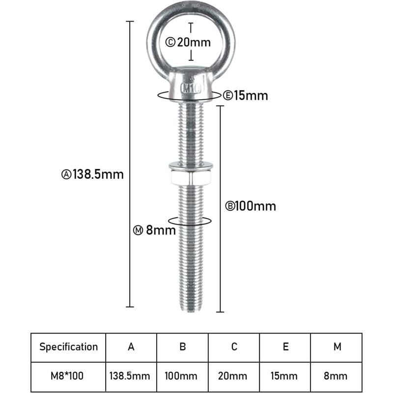 Eye Bolts M10 X 100Mm Stainless Steel Metric Thread M10 Eye Bolts For Fixing And Hanging, 4 pcs โ image 3