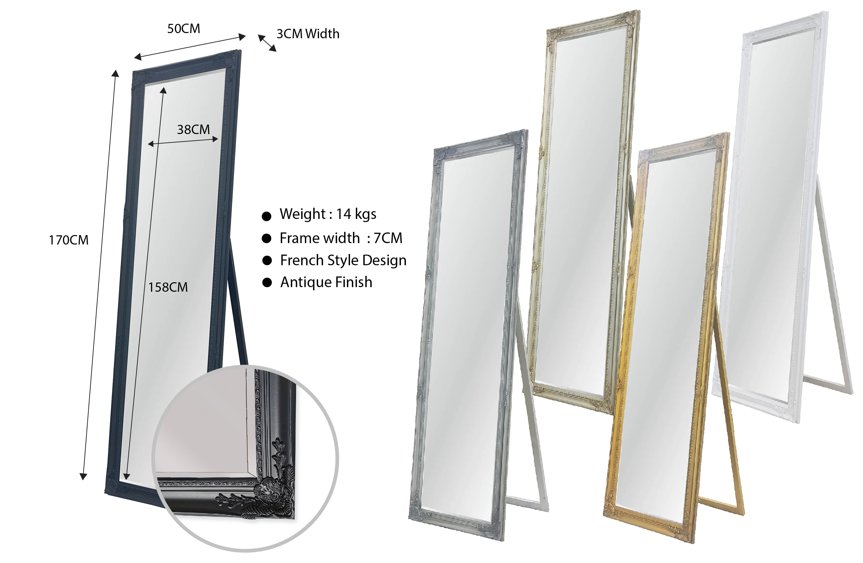 French Provincial Ornate Mirror - Black - Free Standing 50cm x 170cm โ image 2