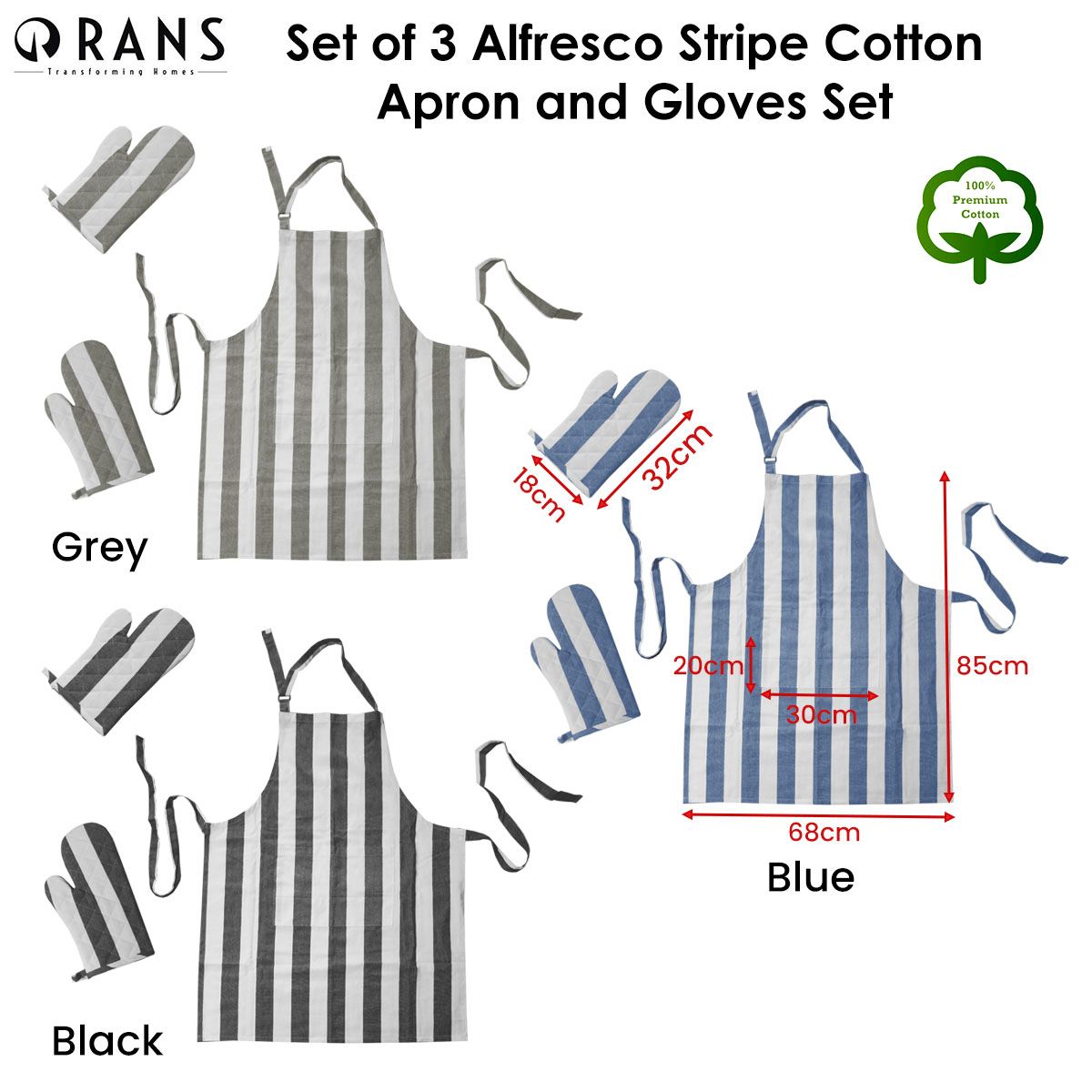 Rans Set of 3 Alfresco Stripe Cotton Apron & Oven Gloves Set Blue — image 2