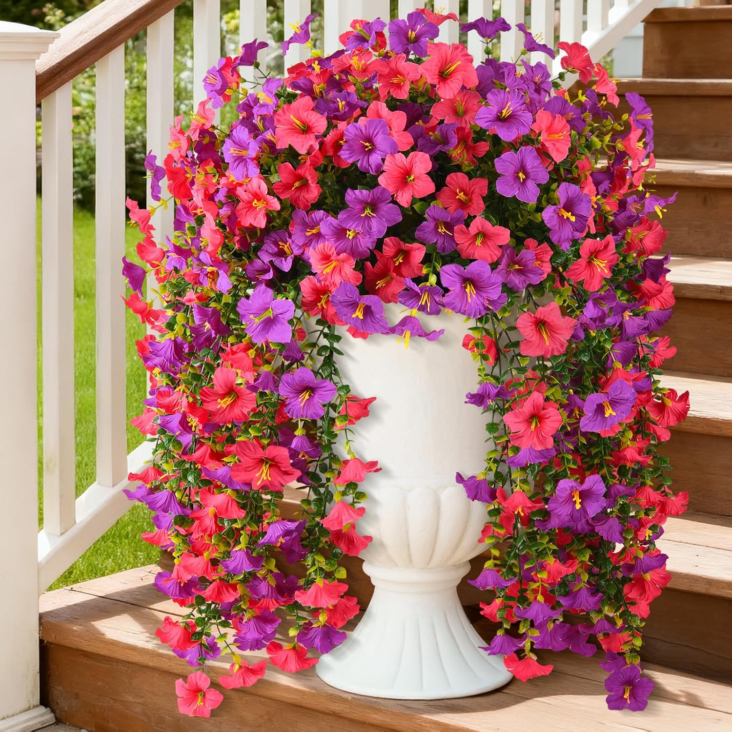 Artificial Fake Hanging Flowers Plants for Outdoor Spring Decoration,2 PCS Faux Silk Morning Glory with Eucalyptus Leaves,UV Resistant Realistic Trailing Vines