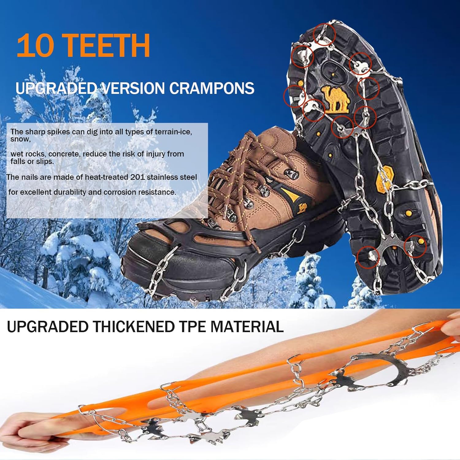 Grödel Stijgijzers for hiking boots with 10 teeth, crampons, shoe spikes, winter, anti-slip shoe spikes for men, women, adults, suitable for walking, trail — image 3