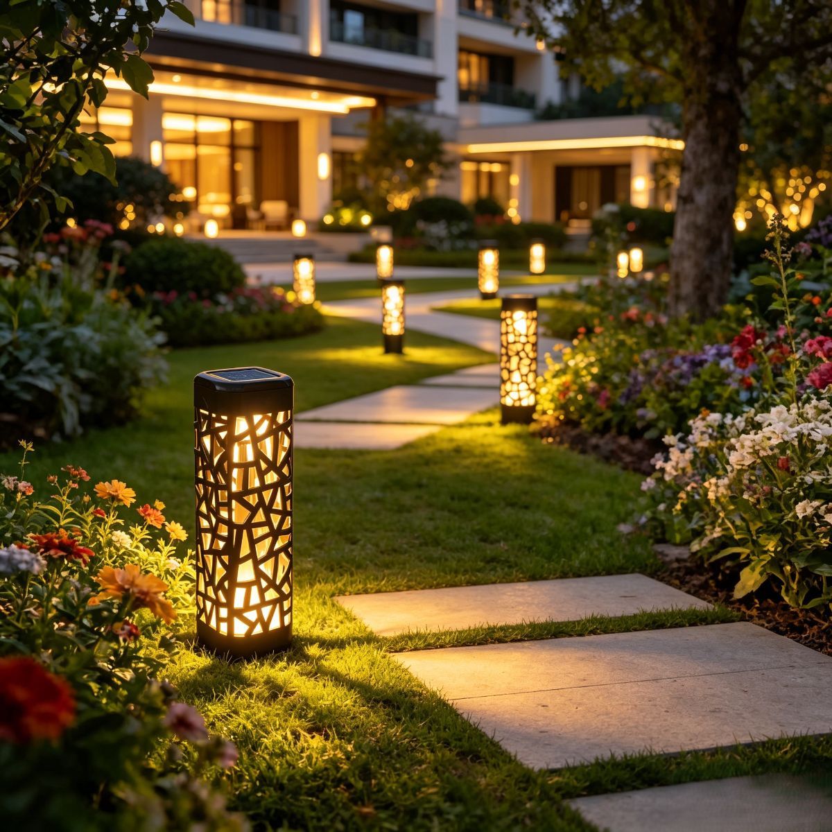 solar garden lights, outdoor waterproof lights, warm white LED pathway lights, automatic dusk to dawn lights, landscape lighting, lawn lights, patio lights