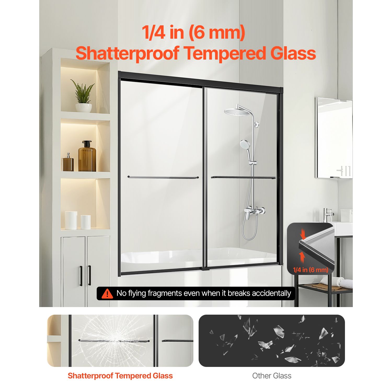 Bathtub Shower Door, 1422-1524 mm x 1524 mm, Semi-Frameless Double Sliding Tub Door, Semi-Frameless Bypass Tub Door with 1/4 in Shatterproof Tempered Glass and — image 2