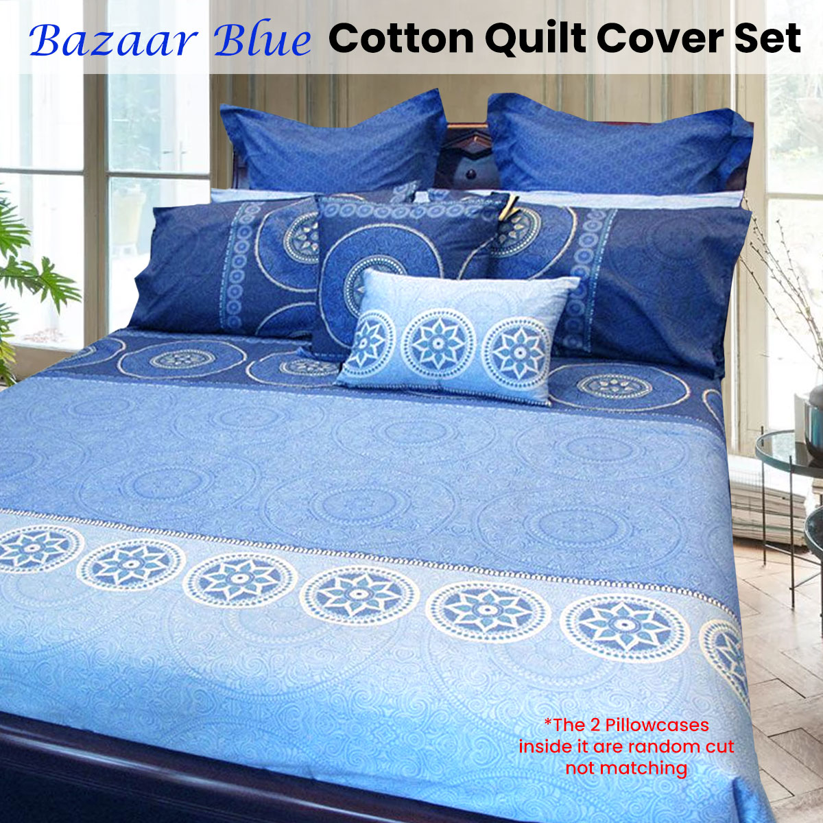 Hotel Living Bazaar Quilt Cover Set BLUE - Queen โ image 2