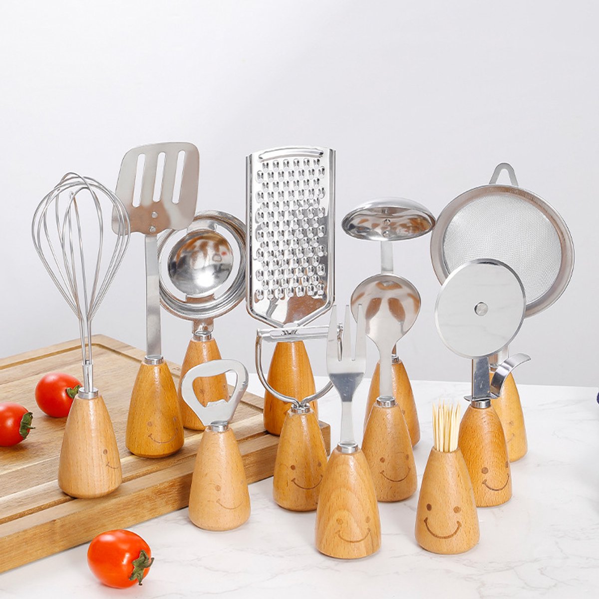 Kitchen Utensil Set - 12 Piece - Includes a peeler, egg separator, spoon, fork, pizza cutter, bottle opener, spatula, slotted spoon, grater, soup ladle, whisk — image 3