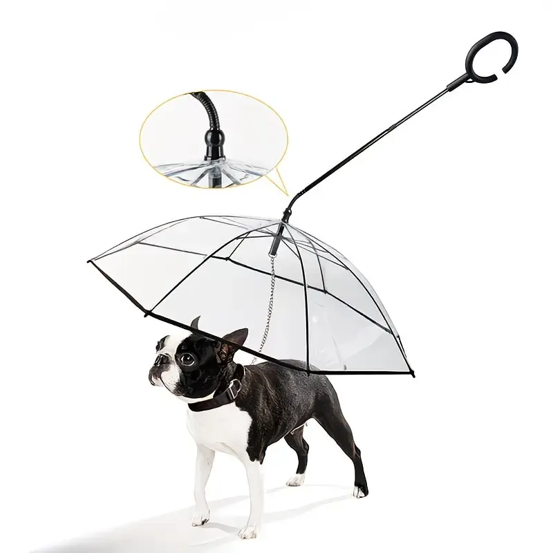 Bendable transparent pet umbrella with leash chain, rain or shine, one umbrella for outdoor pet walks