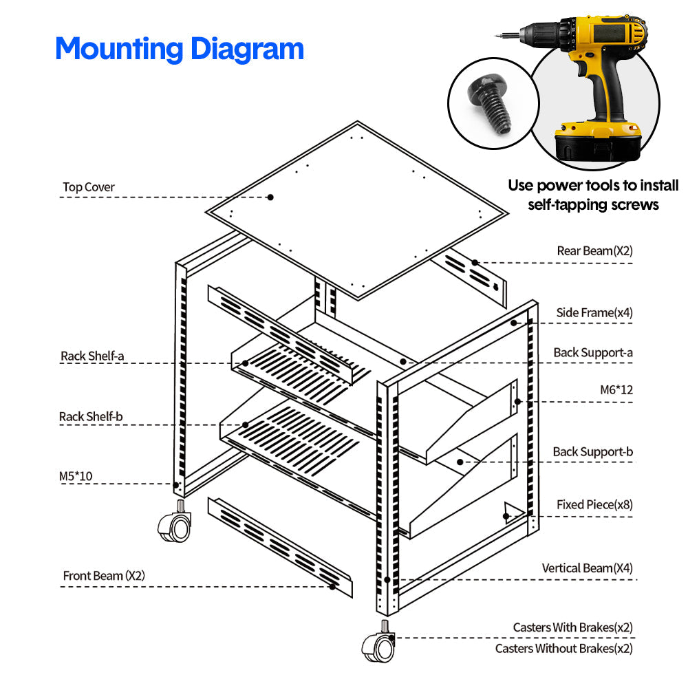 Alston 12U Open Frame Server Rack Hifi Device Rack with Vented Shelves Heavy Duty 4-Post AV/IT Network Rack Free Standing with Lockable Casters โ image 5
