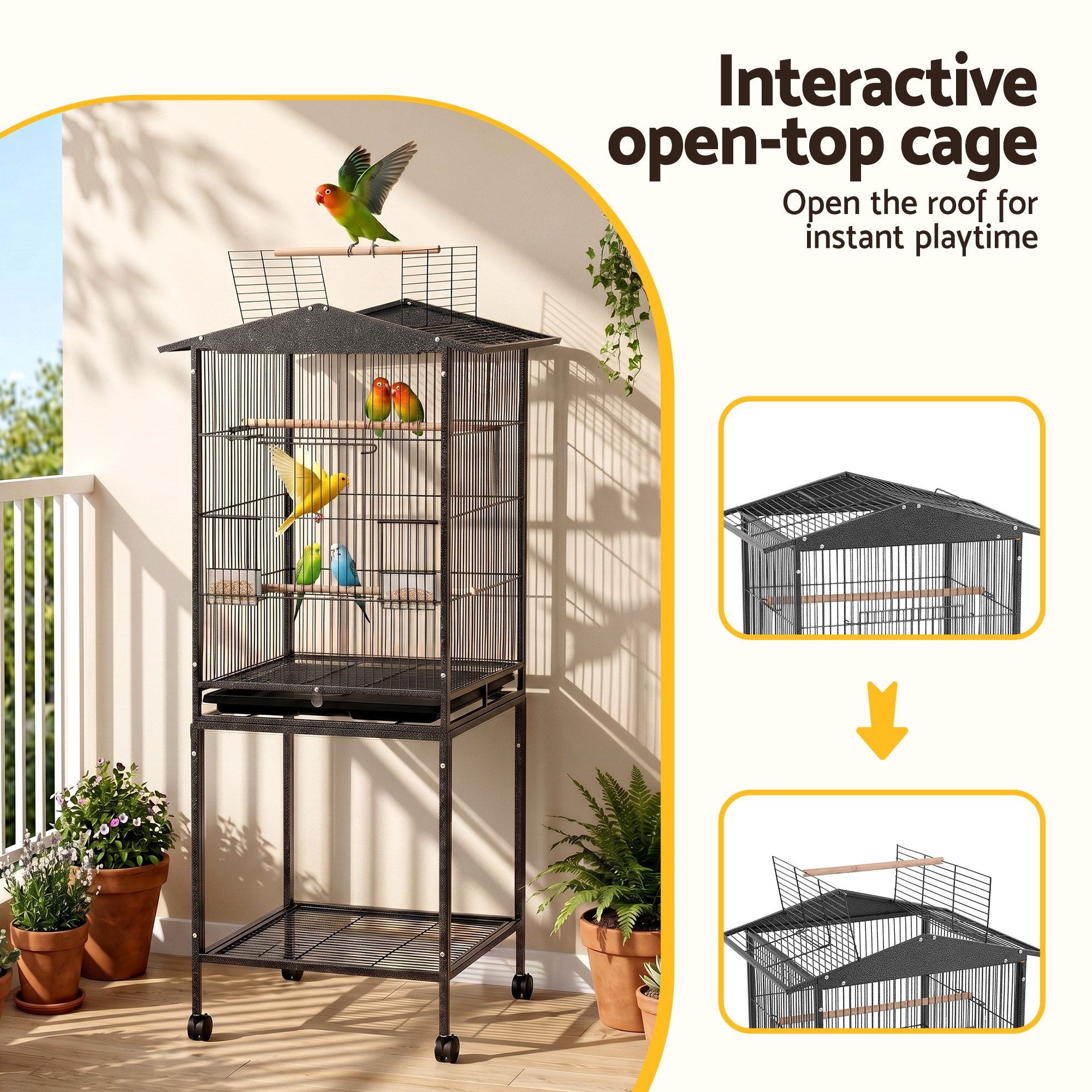 i.Pet 136cm Bird Cage Aviary Open Top Parrot Budgie Stand Wheels Black — image 5