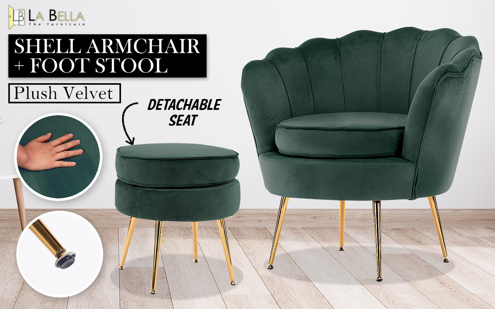 Armchair Lounge Chair Accent Velvet Shell Scallop + Ottoman Footstool Round GREEN โ image 2