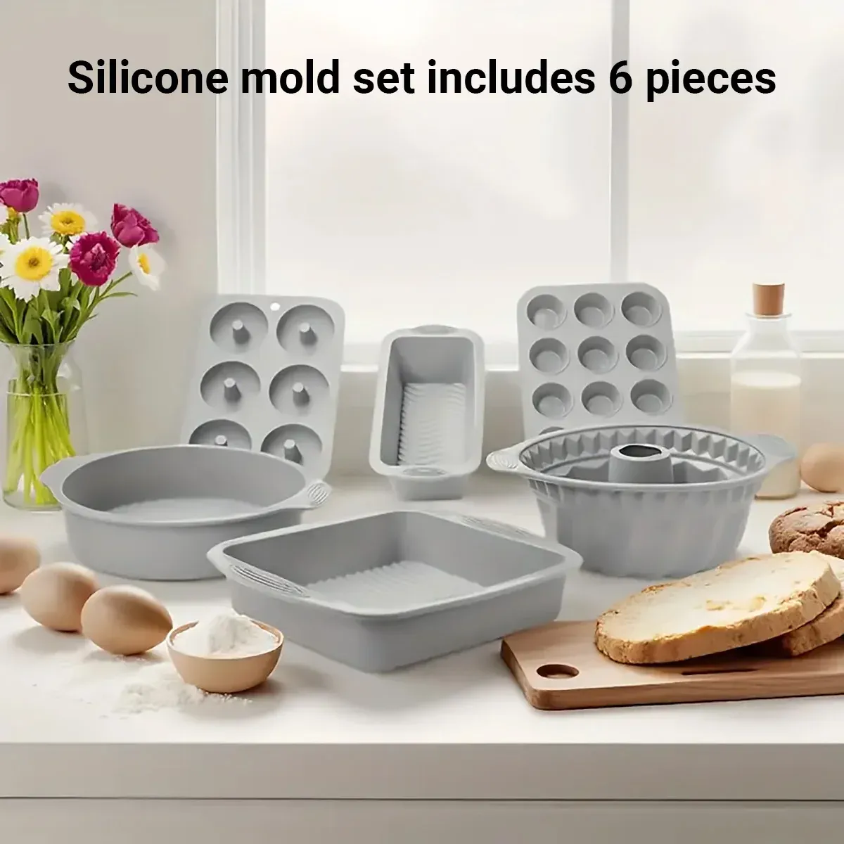 6PCS Silicone Cake Mould Set Baking Pans Nonstick Cupcake Cookie Tools Reusable - Pink — image 5