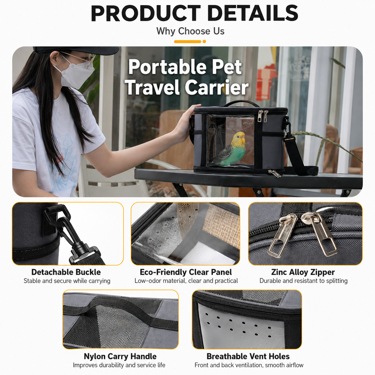 Large Small Animal Travel Bag (33*22.5*23cm) - Pink small nylon and plastic portable pet bag with shoulder strap and handle, suitable for parrots, hamsters โ image 6