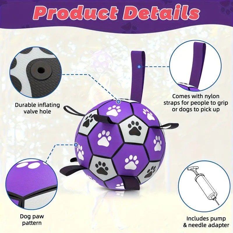 Dog Ball Toy Soccer Ball with Webbing Strap, Indoor and Outdoor Interactive Tug-of-War, Purple and Black Soccer Ball, Pet Toy for Large, Medium, and Small Dogs โ image 6
