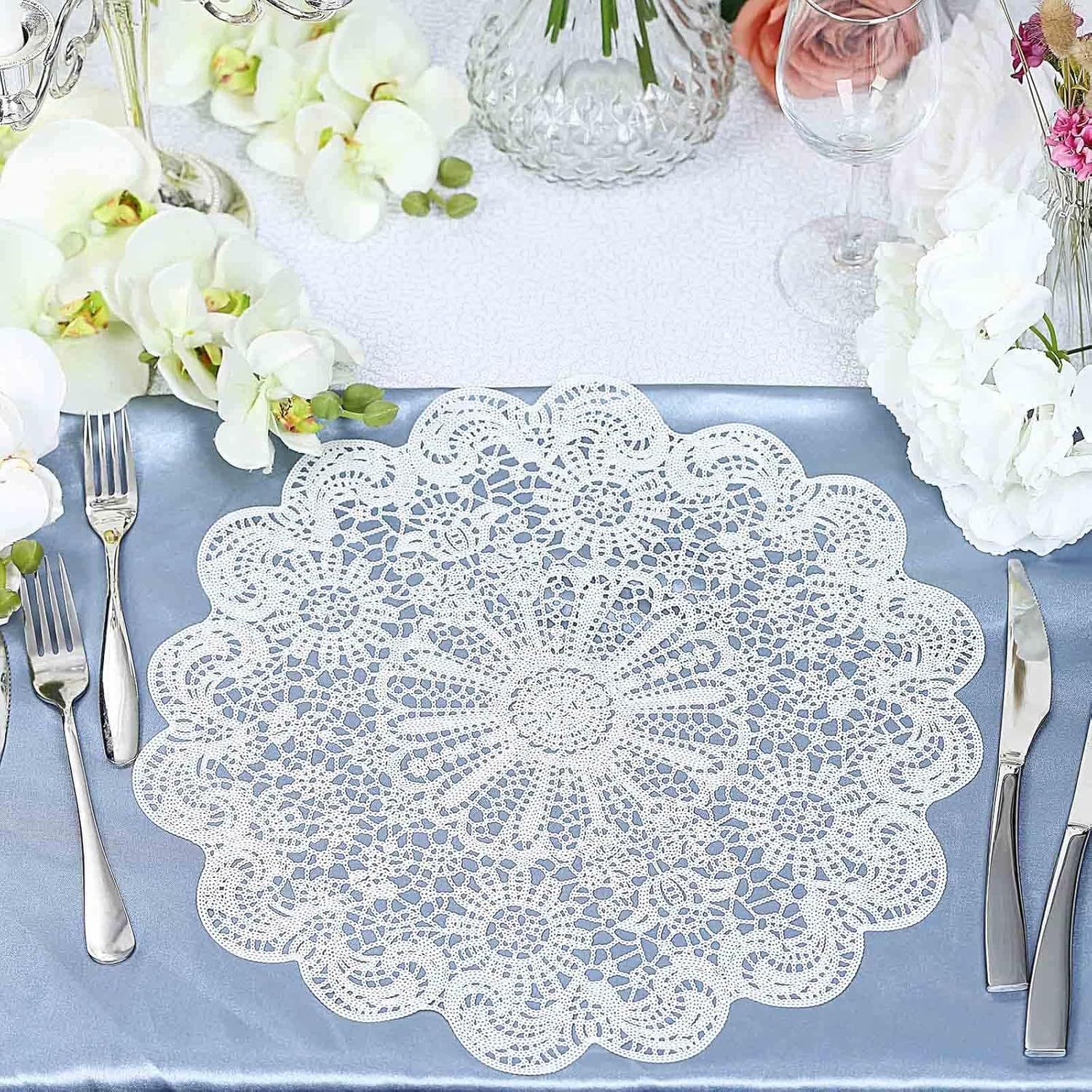 Efavormart 6 Pack 15" White Vintage Floral Vinyl Placemats - Non-Slip Round Metallic Lace Cutout Dining Mats for Wedding Events and Birthday Party Decor- 6 — image 2