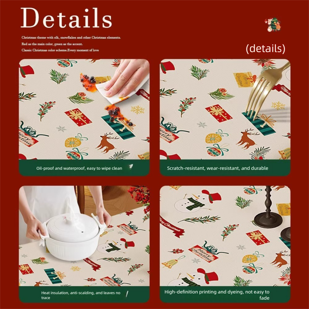 Christmas Waterproof Tablecloth (Reindeer Design) 140 x 200cm — Red festive dining tablecloth; oil-resistant and reusable; home décor that creates a holiday — image 3