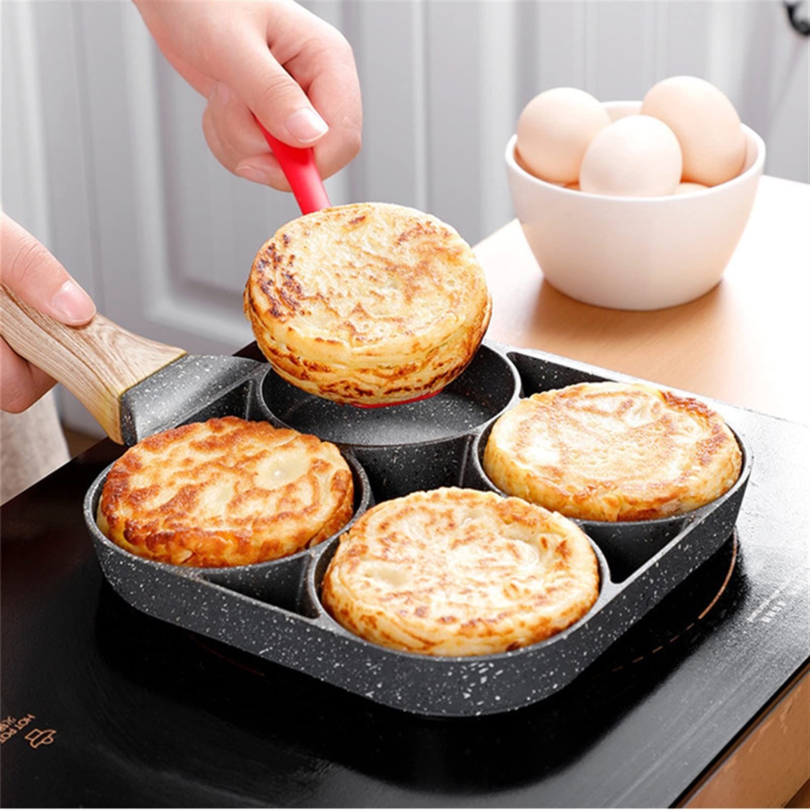 Saucepan Four- Hole Frying Pot Skillet Nonstick Frying Pan Saucepan Egg Steak Ham Pancake Wooden Handle Kitchen Cooking Breakfast โ image 3