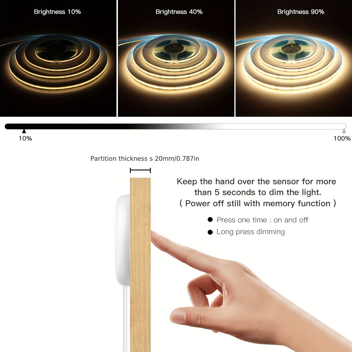 5V COB LED Strip Light with Hand-Sweep Motion Sensor And Touch Dimming Switch, Ideal for Bedroom And Kitchen Illumination 2 Meters Cold White — image 3