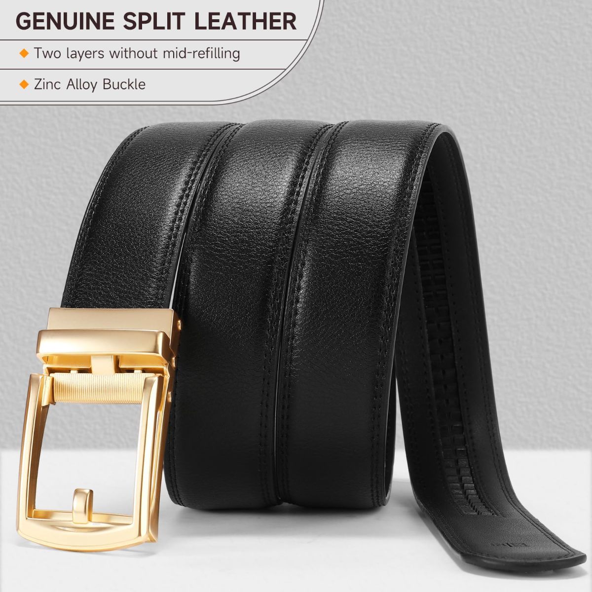 Ratchet Belt for Men Genuine Leather - Micro-Adjust Buckle Trim to Fit Dress Belt Casual to Formal Gift Boxed - Basic Gold - Black - Size 28"-44" Waist — image 6
