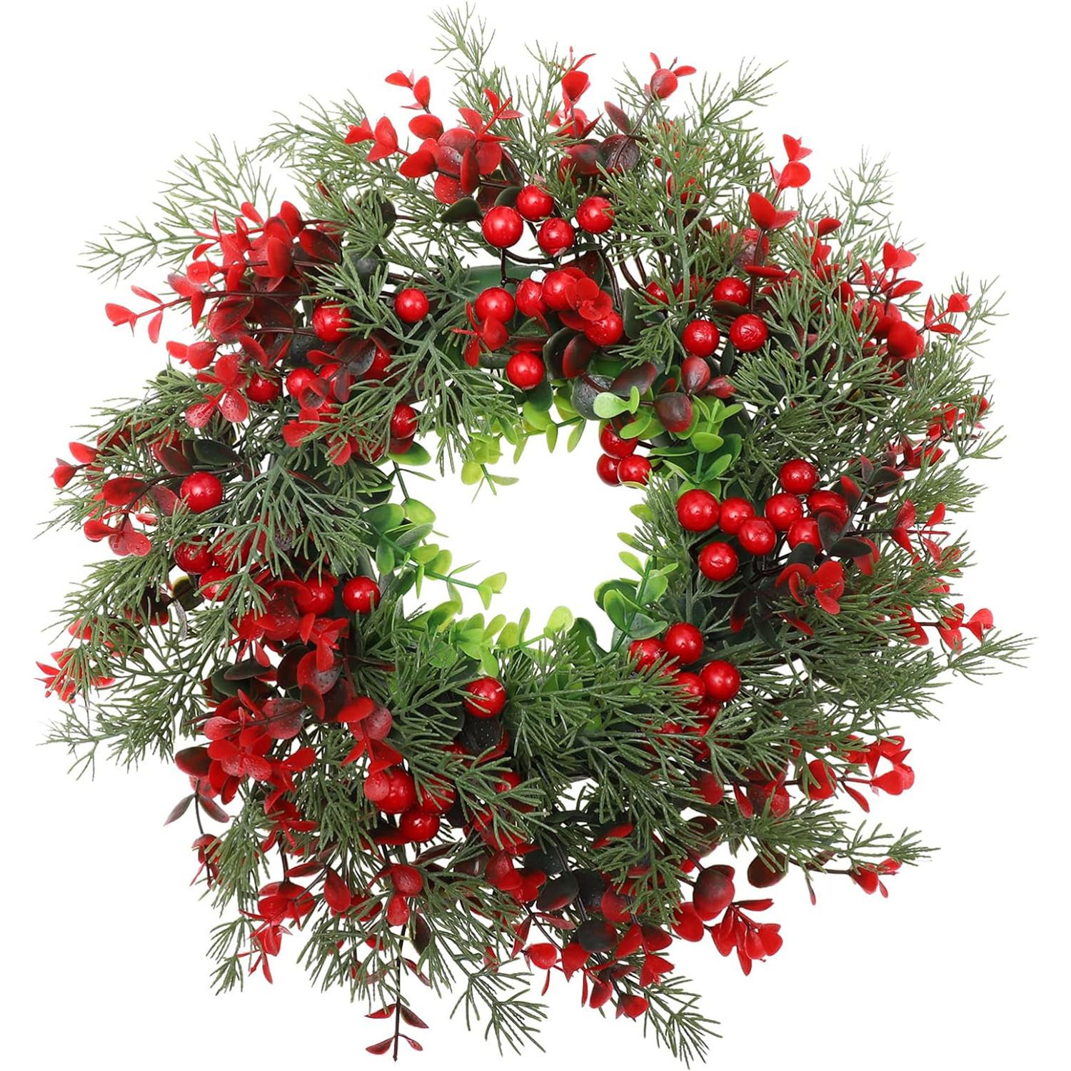 3PCS Lifelike Artificial Holiday Wreath Bundle, Dense Eucalyptus Foliage with Holly Red Berries & Satin Red Bow, Classic Winter Front Door Wreath Multipack for