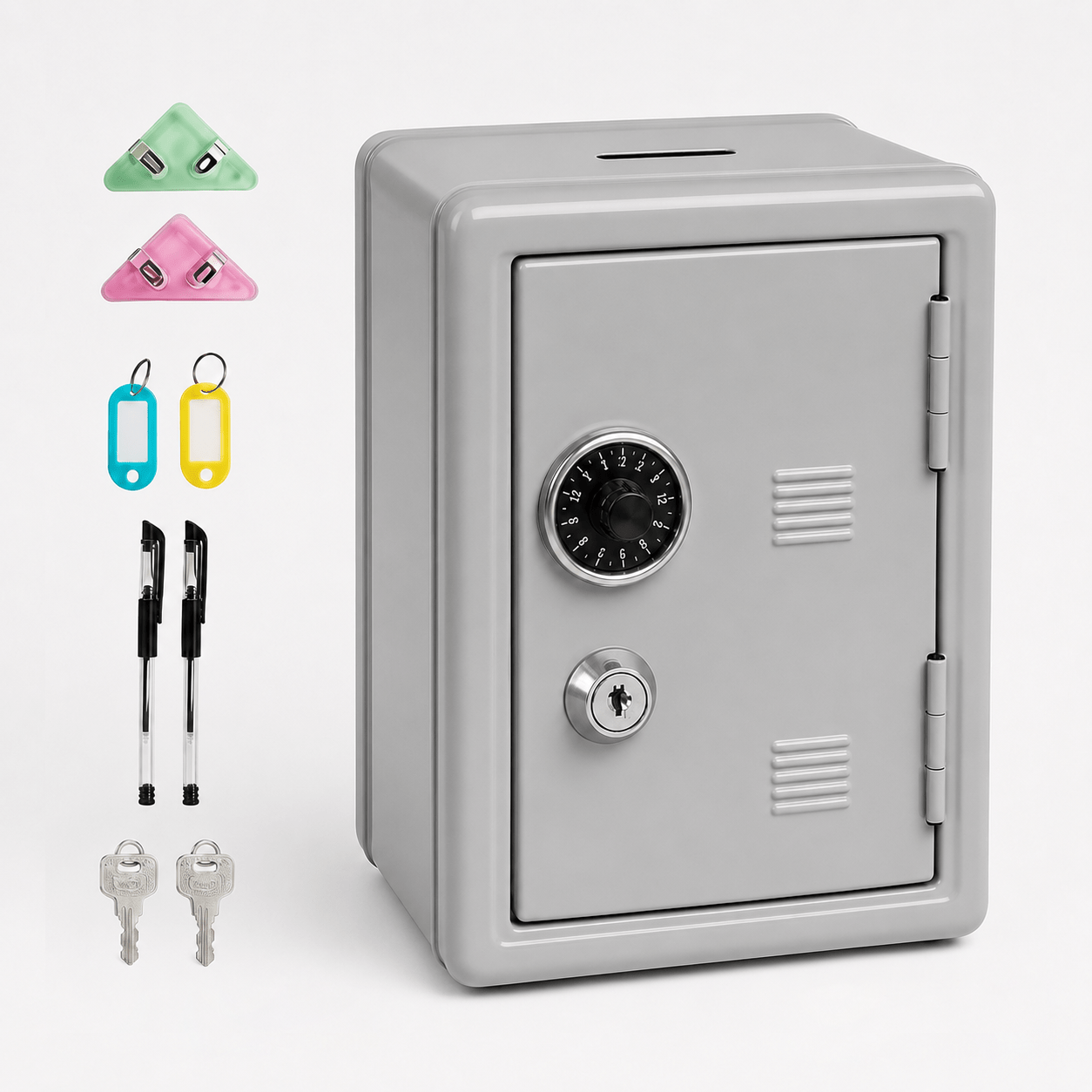 Lockable Metal Money Box, Cash & Coin Storage Box with Key Lock, Compact Piggy Bank For Kids & Adults, Office & Small Valuables-Grey