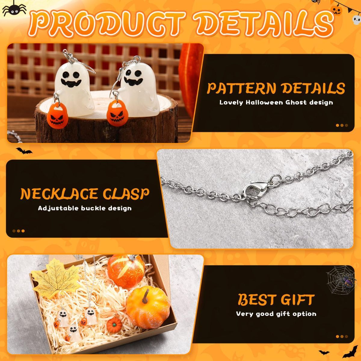 Halloween Ghosts Earrings and Necklace Set Glow in the Dark Adopt a Ghost Earrings Necklace Spooky Light up Halloween Jewelry Set for Women and Men — image 2