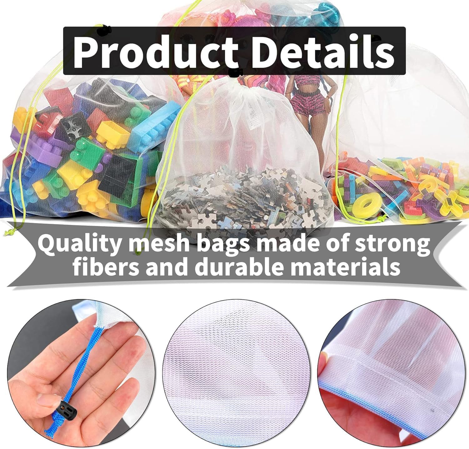 12 pieces of toy storage mesh bags - washable transparent gauze with drawstring - suitable for fruit- vegetables- groceries- storage space and toys- 3 โ image 2