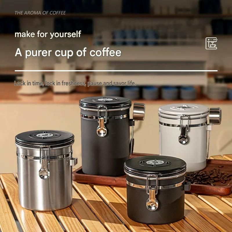 White 304 Stainless Steel Airtight Coffee Canister 1800ml Vacuum Seal Storage Jar with Date Tracker & Measuring Scoop for Coffee Beans Tea Storage — image 2