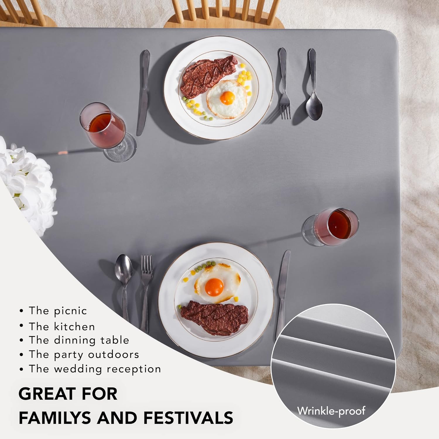 Petluno Oxford Decorative Table Cloth Rectangle Water Resistant Tablecloth for Home 137 × 200cm(54 × 79in) Grey 79 × 54 inch (Rectangular) — image 6