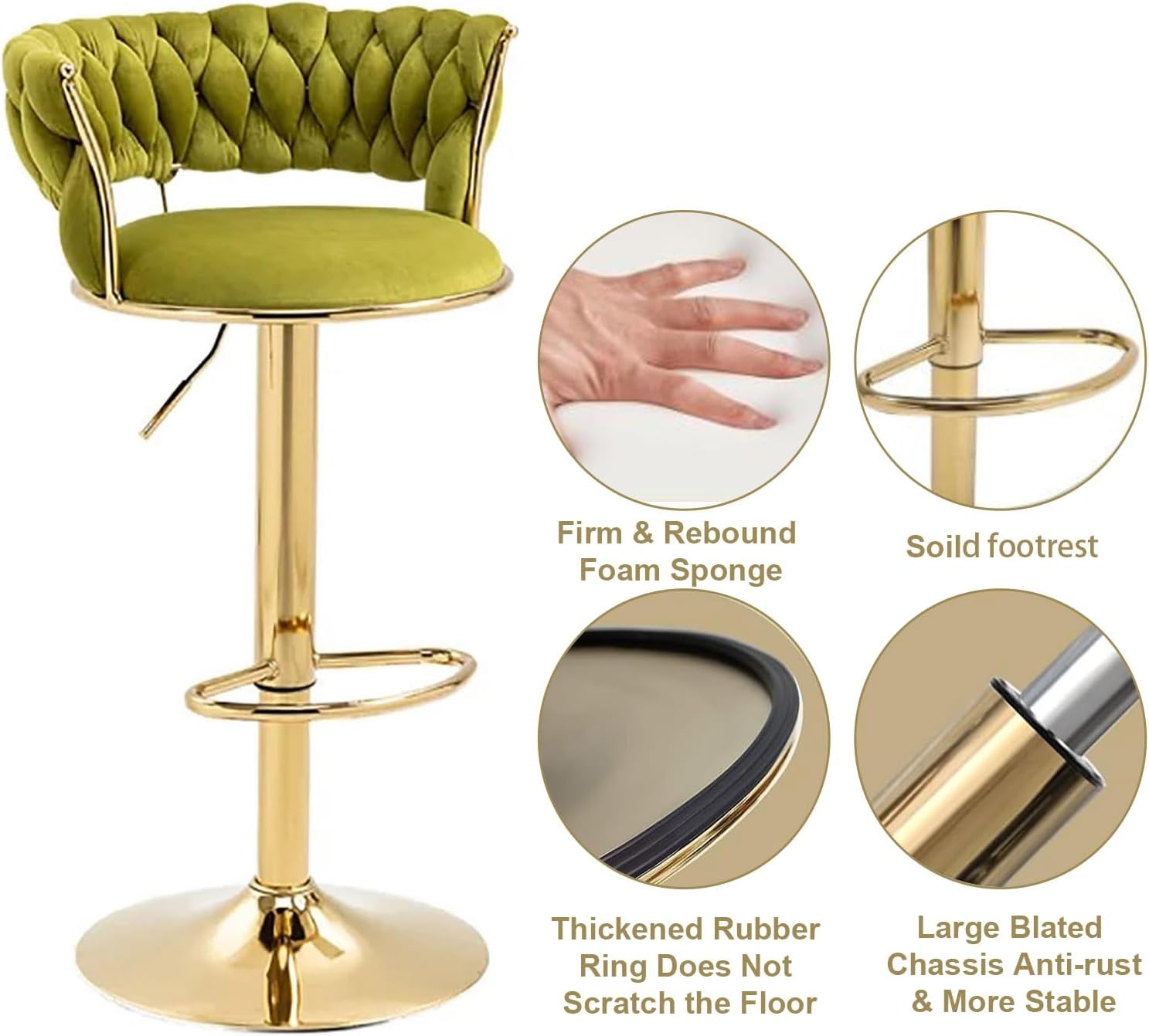 SERENITà 2x Height Adjustable Swivel Bar Stool Velvet Golden Base Barstools Chairs Padded Seat Olive Green — image 4