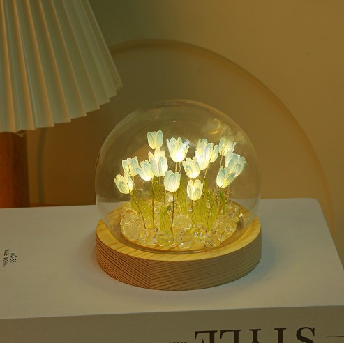 (Ten Blue Tulips) Glowing Tulip Dome Lamp - Wooden Base, Bedside Table Decoration — image 3