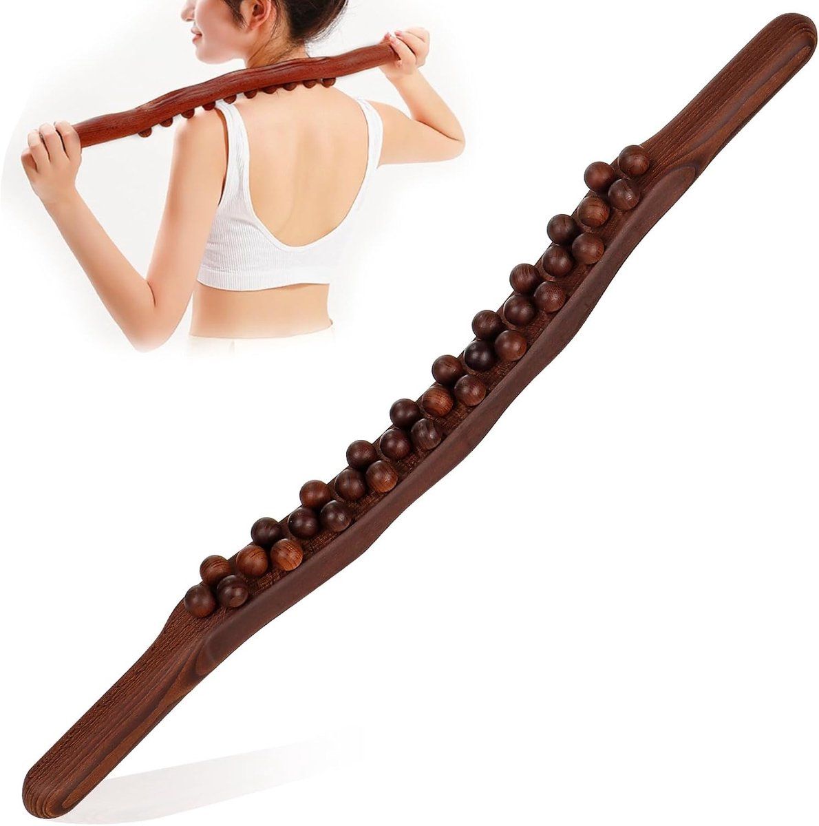 Massage Ball, Gua Sha Wooden Tool, 31-Bead Back Massager Roller, Body Sculpting Lymphatic Drainage Massager, 59cm, Brown
