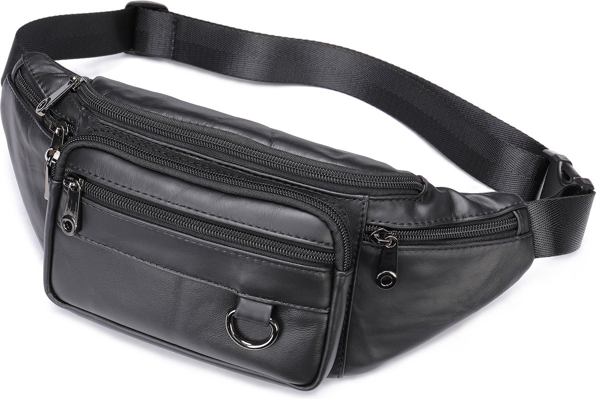 Belt bag - Phone bag - Crossbody - Pouch bag - Leather - Black - 19 x 11 x 3 cm - 6 compartments - Durable - Waterproof - for Travel, Outdoor, Hiking, Sports — image 2