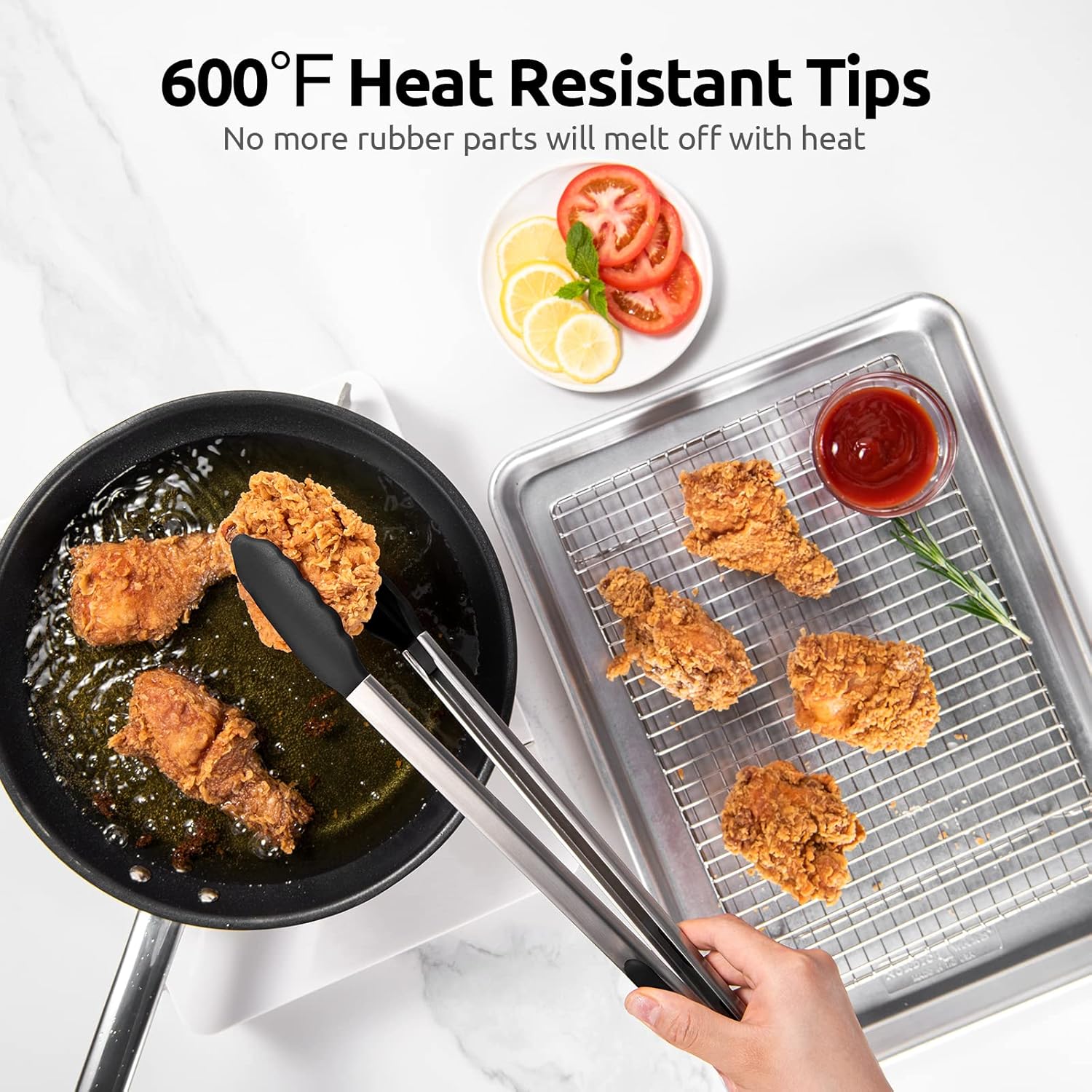 600ºF Heat Resistant 16in Silicone Cooking Tongs with Non Stick Rubber Tips (Black) and 12" Kitchen Tweezer Set: 18/8 Stainless Steel Food-Grade Metal Food — image 4