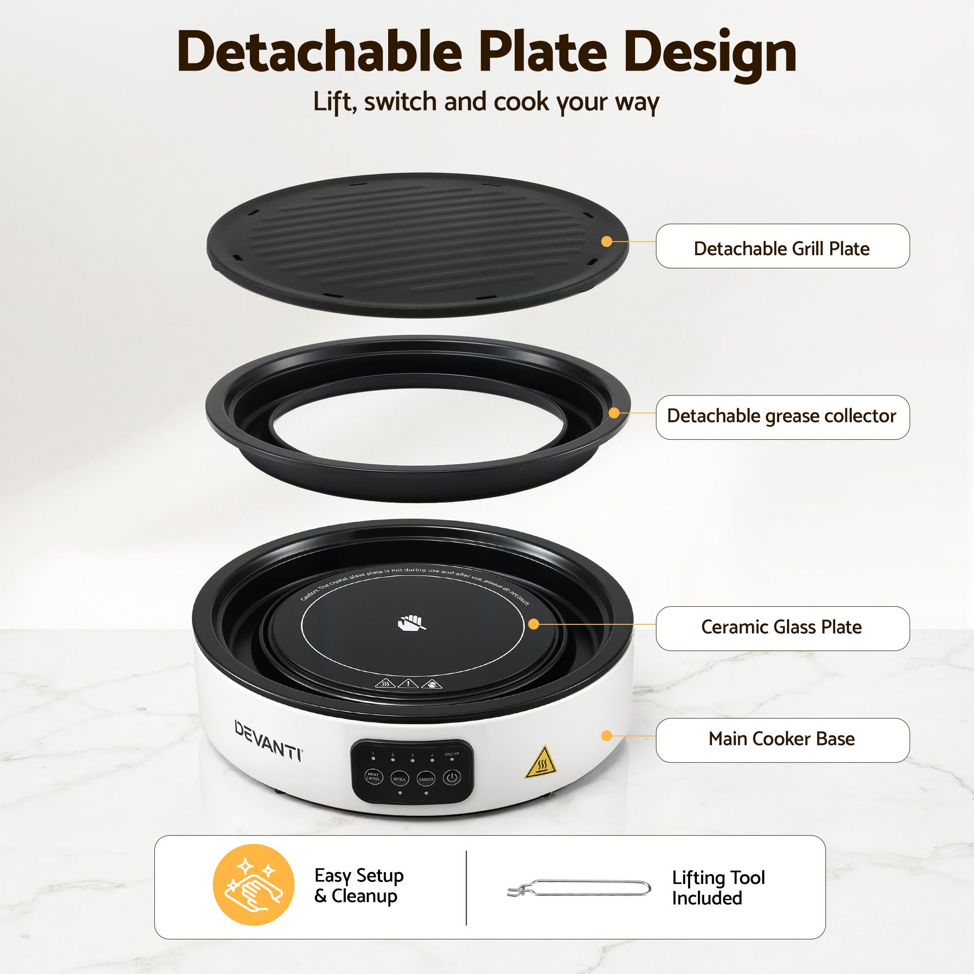 Devanti Ceramic Cooktop Electric Hot Plate Countertop Grill Cooker White โ image 6