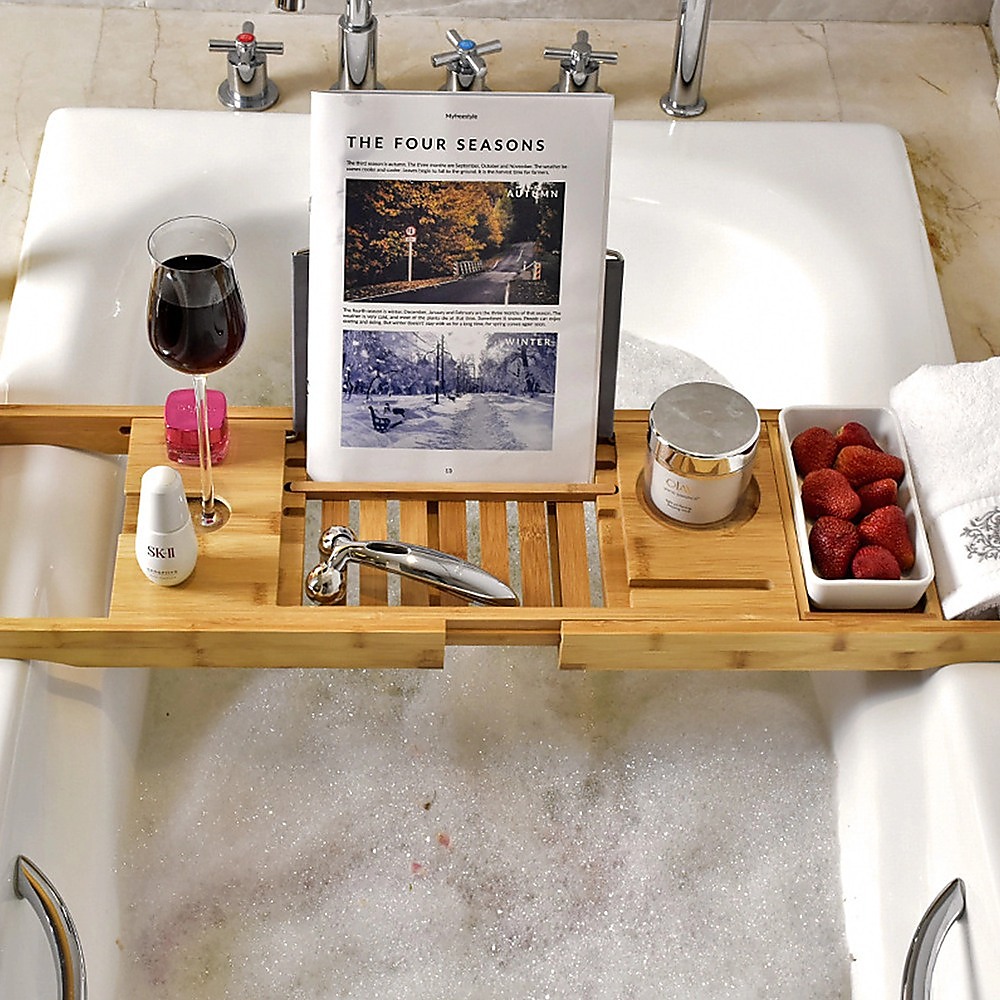 Bathroom Bamboo Bath Caddy Wine Glass Holder Table Tray Bathtub Rack Soap Shelf โ image 5
