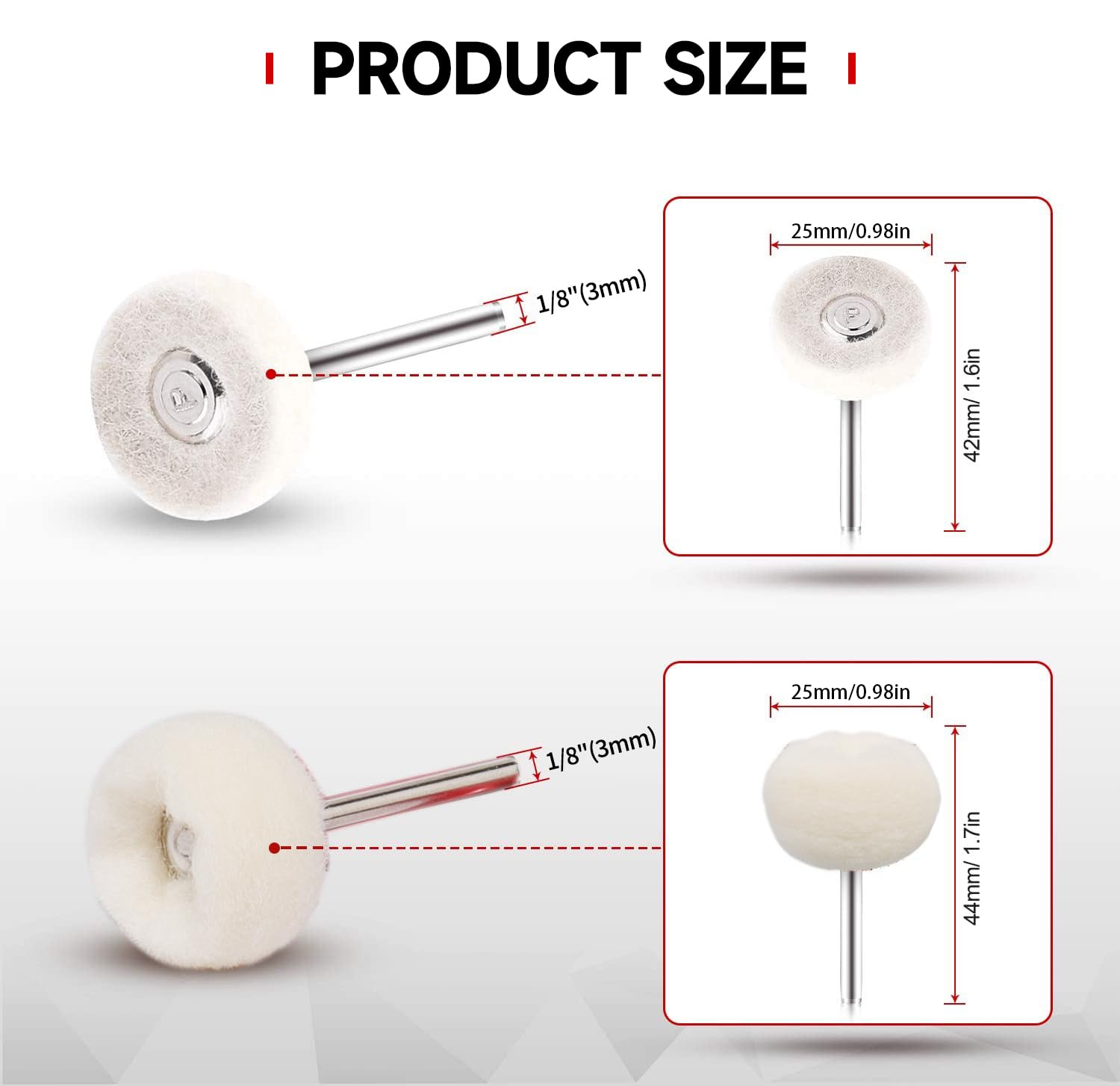 50 PCS 1 Inch Wool Felt Polishing Accessory Kits, 25 Each Spherical/Flat Buffing Wheels for Proxxon Dremel Rotary Tool - 1/8" Shank, Ideal for Wood Metal โ image 2