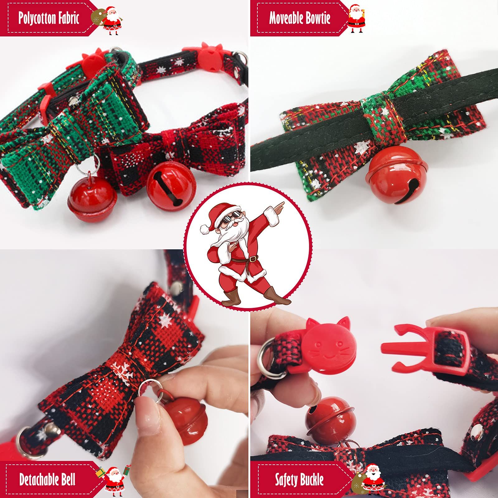 2 Pack/Set Christmas Cat Collar Breakaway Kitten Collars with Bow Tie and Bell Santa Outfit for Cats, Small Dogs, Rabbits — image 3