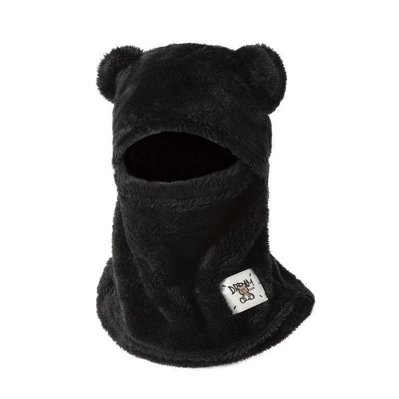 Cute Bear Ear Plush Integrated Balaclava Hat, 4-in-1 Windproof Warm Neck and Face Cover Hat - Black