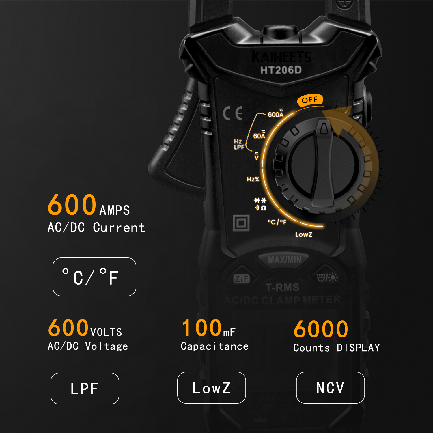 KAIWEETS HT206D Digital Clamp Meter T-RMS 6000 Counts, Multimeter Voltage Tester Auto-ranging, Measures Current Voltage Temperature Capacitance Resistance โ image 5